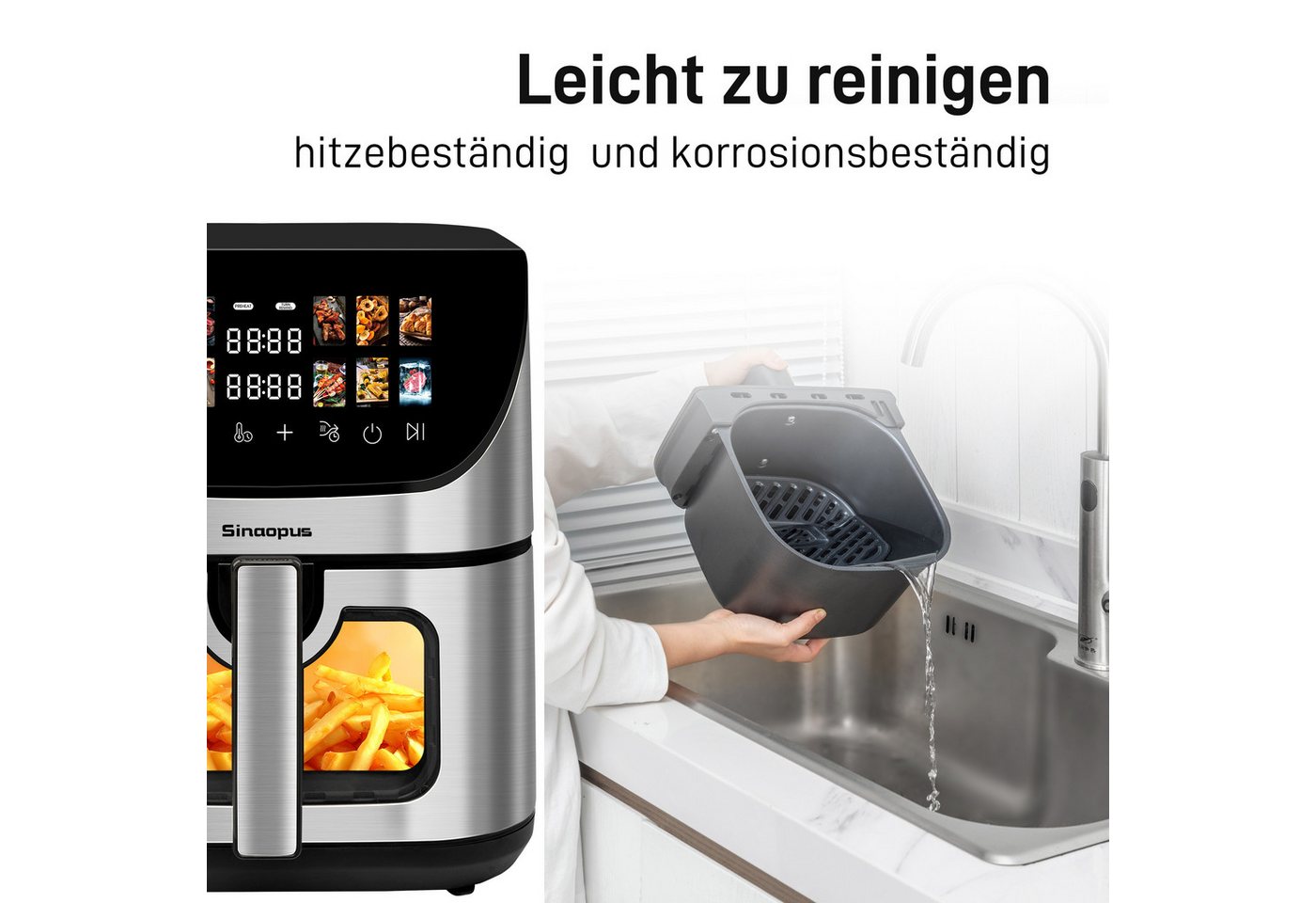 Sinaopus Heißluftfritteuse 8,5L XXL, Airfryer mit Sichtfenster, 12 Programmen, 1800,00 W, Airfryer mit LED-Farbdisplay, Timer & 80–200 °C Temperatur Bild 4