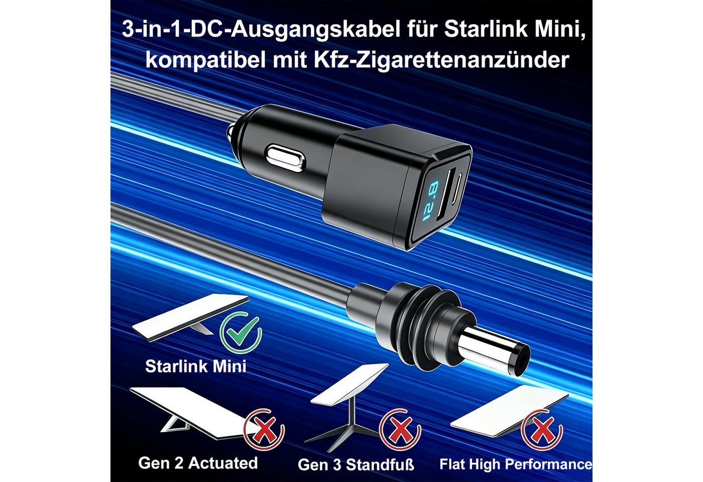 Senmudi Zigarettenanzünder-Verteiler 3 in 1 Zigarettenanzünder USB C 60W Auto Ladegerät mit MetallBauteilen (3M Langkabel & Digitaler Spannungsanzeige, IP65 wasserdicht, USB Adapter KFZ Ladegerät USB C Zigarettenanzünder Kompatibel), 12V-24V Kfz für Starlink Mini, passend für iPhone, Google Pixel