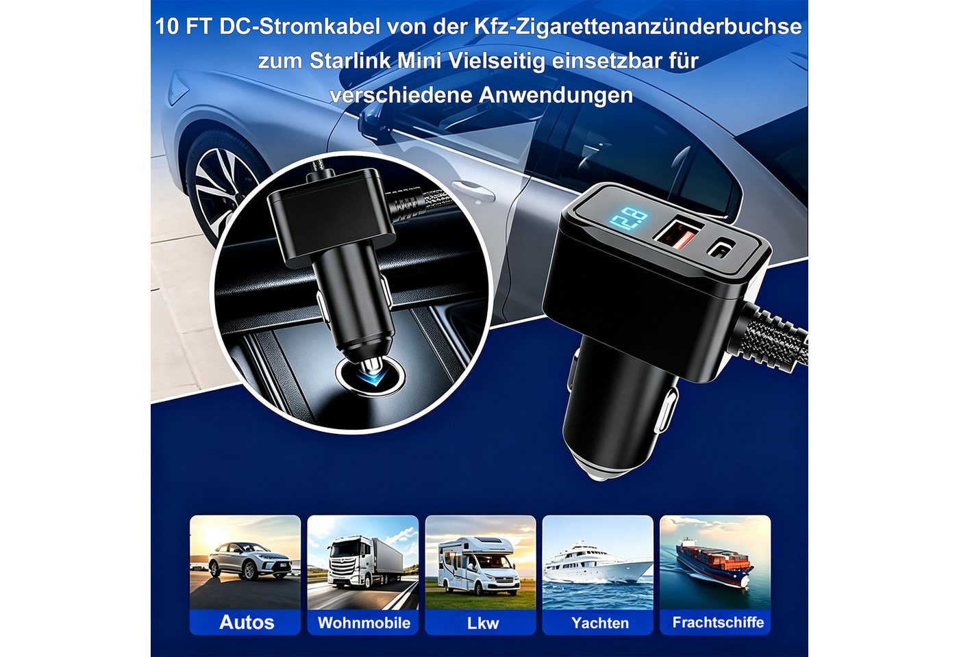 Senmudi Zigarettenanzünder-Verteiler 3 in 1 Zigarettenanzünder USB C 60W Auto Ladegerät mit MetallBauteilen (3M Langkabel & Digitaler Spannungsanzeige, IP65 wasserdicht, USB Adapter KFZ Ladegerät USB C Zigarettenanzünder Kompatibel), 12V-24V Kfz für Starlink Mini, passend für iPhone, Google Pixel Bild 2