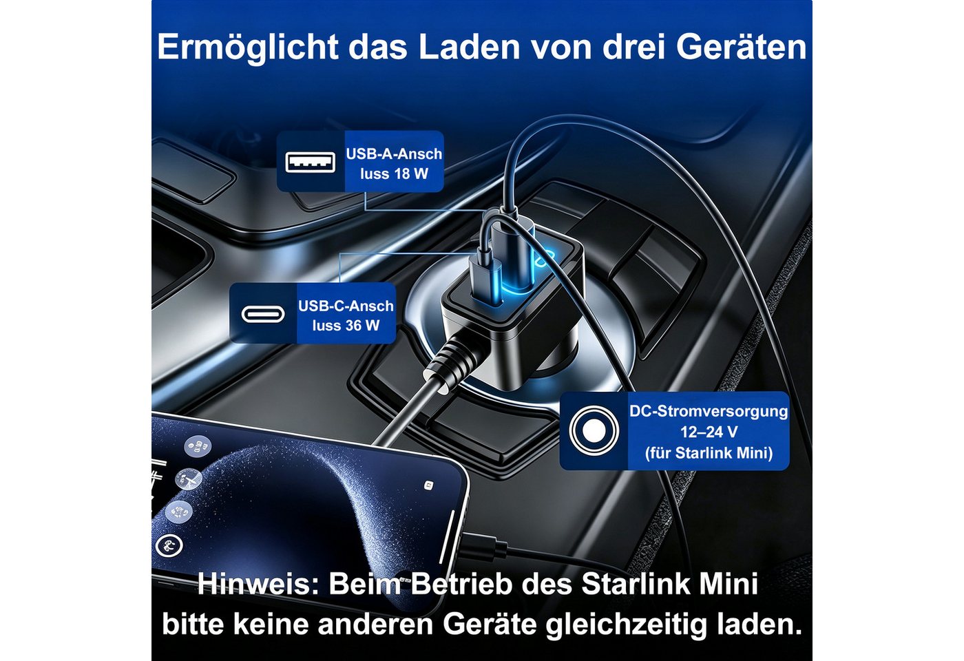 Senmudi Zigarettenanzünder-Verteiler 3 in 1 Zigarettenanzünder USB C 60W Auto Ladegerät mit MetallBauteilen (3M Langkabel & Digitaler Spannungsanzeige, IP65 wasserdicht, USB Adapter KFZ Ladegerät USB C Zigarettenanzünder Kompatibel), 12V-24V Kfz für Starlink Mini, passend für iPhone, Google Pixel Bild 3