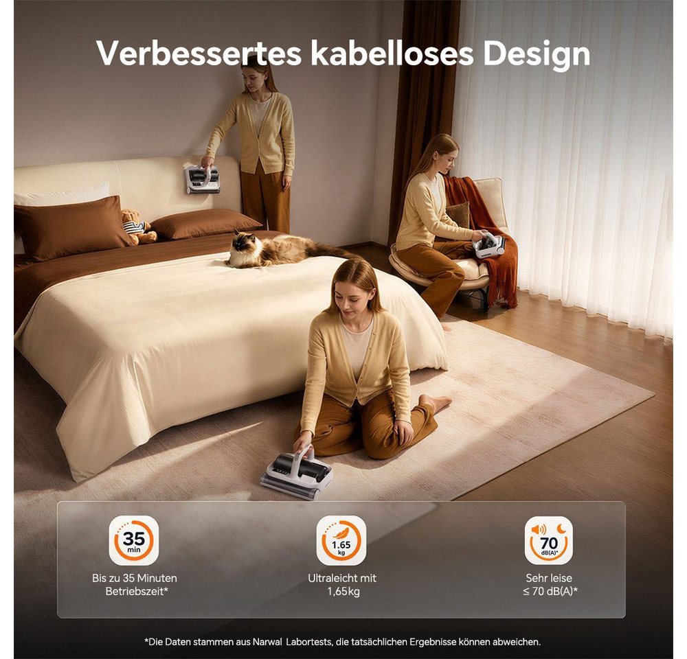 Narwal Matratzenreinigungsgerät U50 Pro Kabelloser Milbensauger, 15kPa Saugleistung, 58°C‑Heiztechnik, 150 W, UVC‑Desinfektion 99,99 %, Echtzeit‑Milben‑Anzeige Bild 4