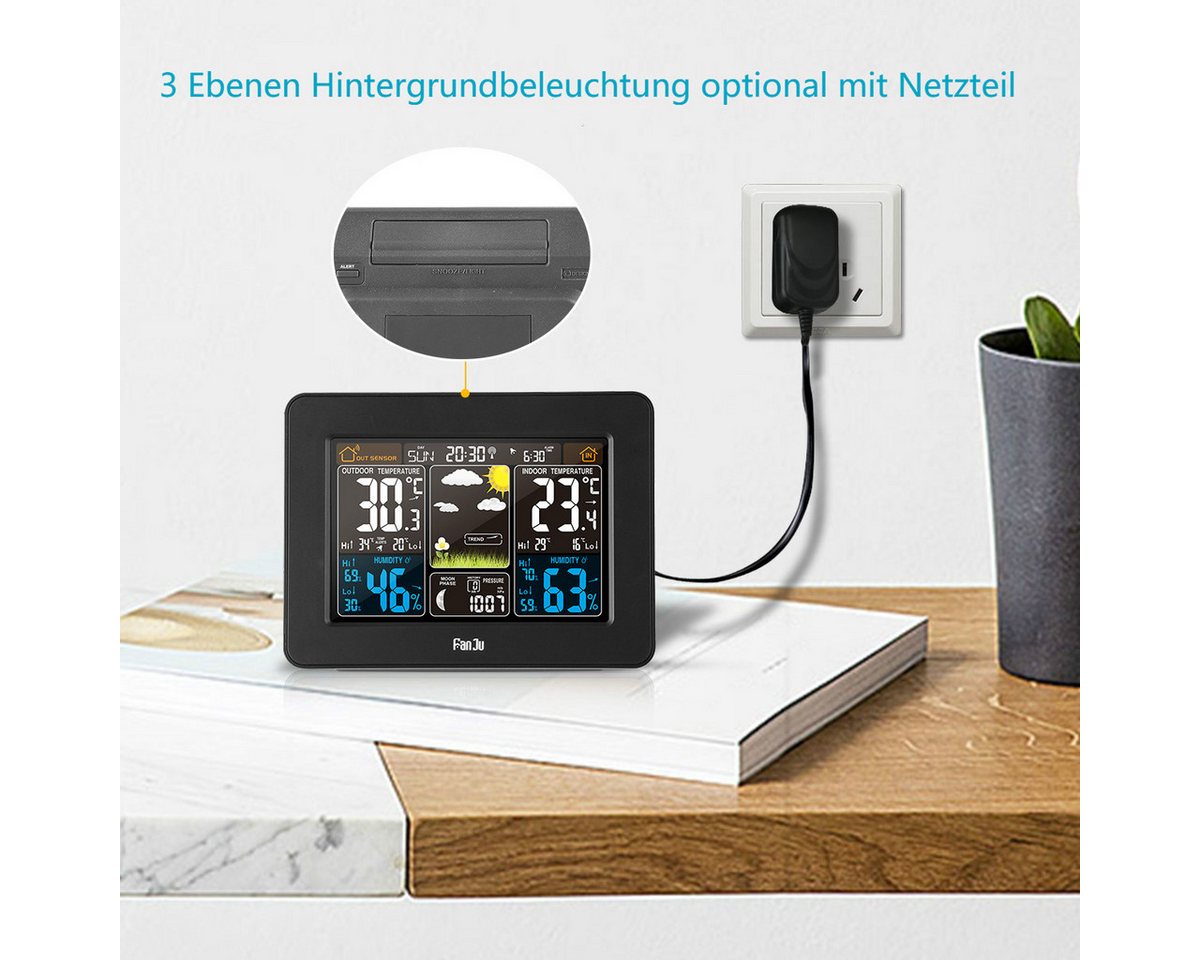 Fyrove Wetterstation mit Farbdisplay, Außensensor, Wetter, Alarm, Temparatur Wetterstation (Funkuhr Wetterstation mit Thermometer, Hygrometer, Funkuhr und Wecker)