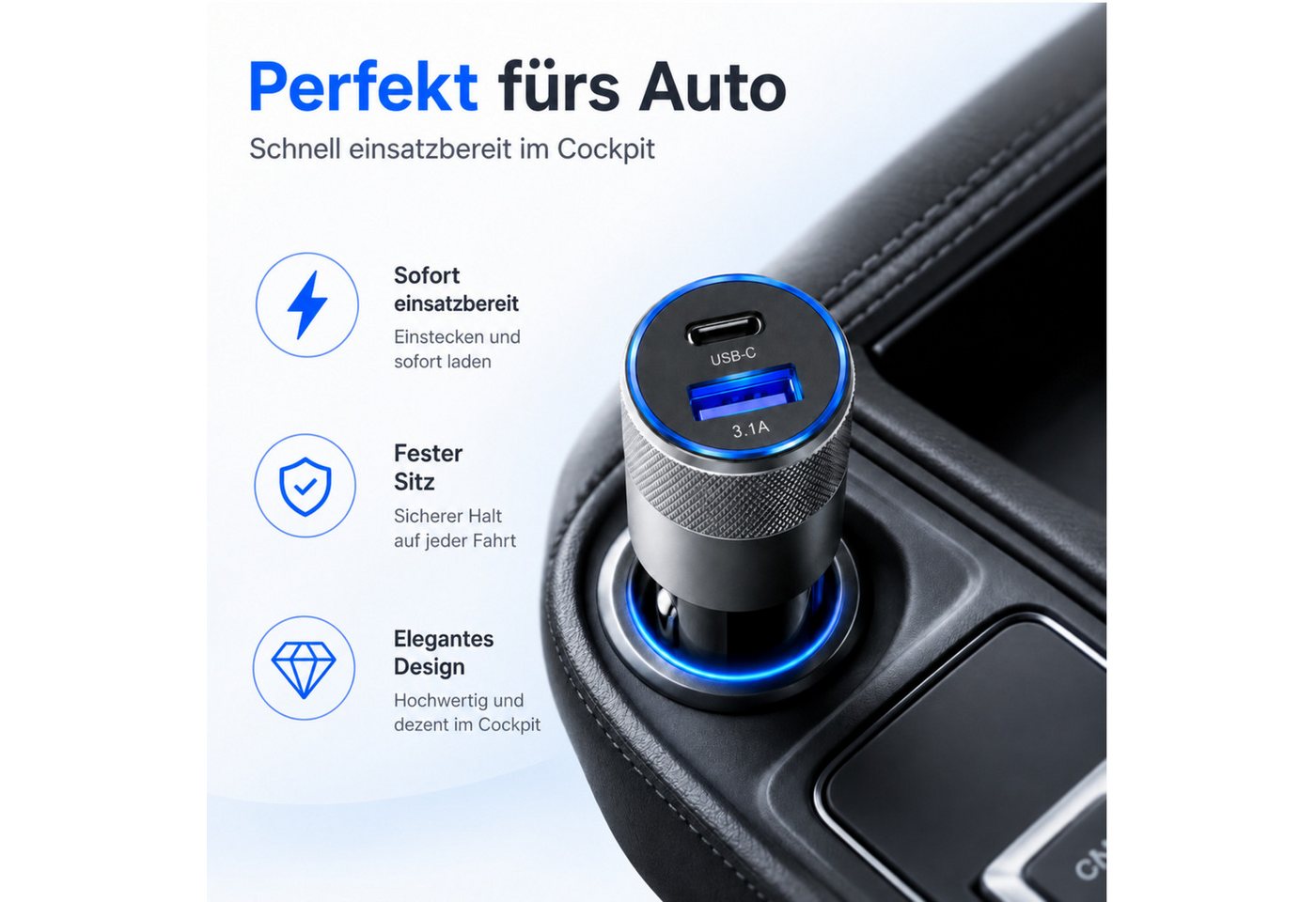 PlugUp Auto Ladegerät USB-C 3.1 & USB-A QC KFZ-Ladeadapter Zigarettenanzünder USB-Ladegerät (Universelles KFZ-Ladegerät USB-C & USB-A für Smartphone und USB-Geräte) Bild 2