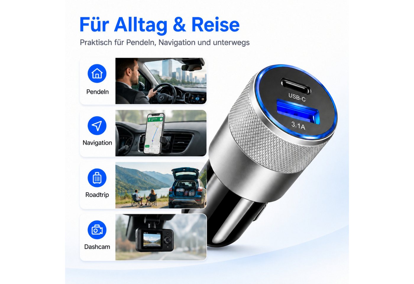 PlugUp Auto Ladegerät USB-C 3.1 & USB-A QC KFZ-Ladeadapter Zigarettenanzünder USB-Ladegerät (Universelles KFZ-Ladegerät USB-C & USB-A für Smartphone und USB-Geräte) Bild 3