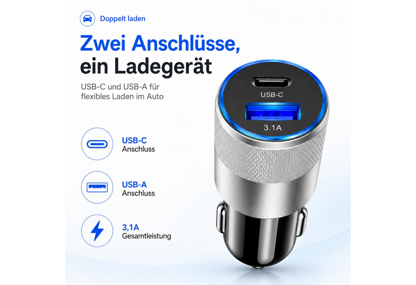 PlugUp Auto Ladegerät USB-C 3.1 & USB-A QC KFZ-Ladeadapter Zigarettenanzünder USB-Ladegerät (Universelles KFZ-Ladegerät USB-C & USB-A für Smartphone und USB-Geräte) Bild 4