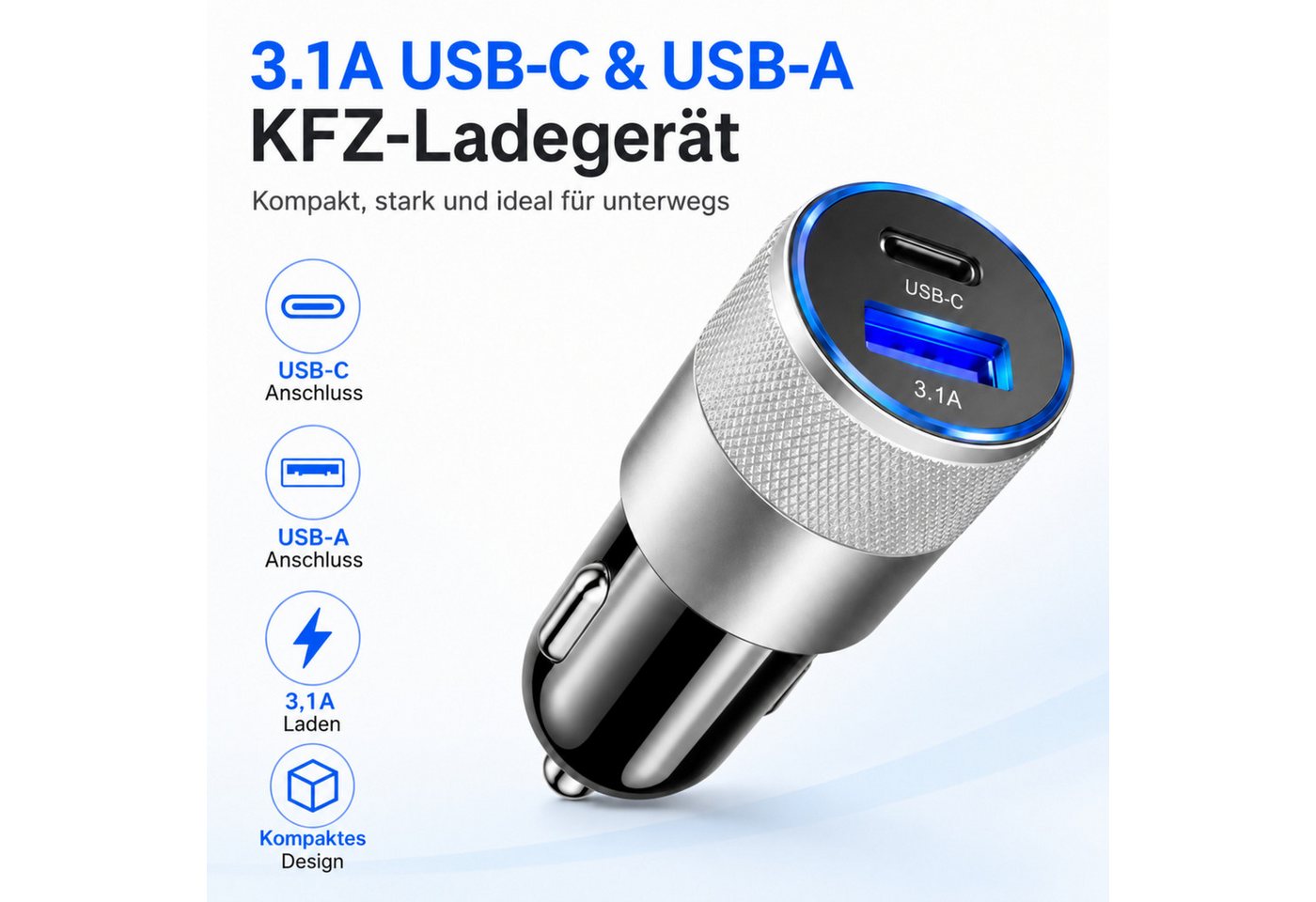PlugUp Auto Ladegerät USB-C 3.1 & USB-A QC KFZ-Ladeadapter Zigarettenanzünder USB-Ladegerät (Universelles KFZ-Ladegerät USB-C & USB-A für Smartphone und USB-Geräte) Bild 5