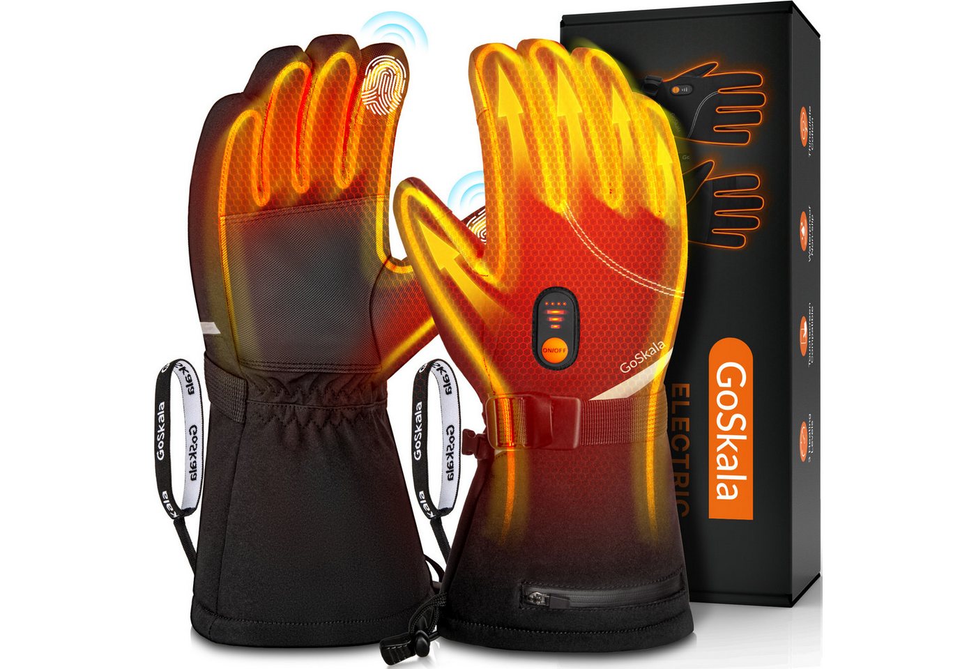 GoSkala Beheizbare Handschuhe Skihandschuhe mit 3 Heizstufen, Thermohandschuhe Winterhandschuhe (Set) Beheizt, Touchscreen-kompatibel, Wiederaufladbar, Temperaturregelbar