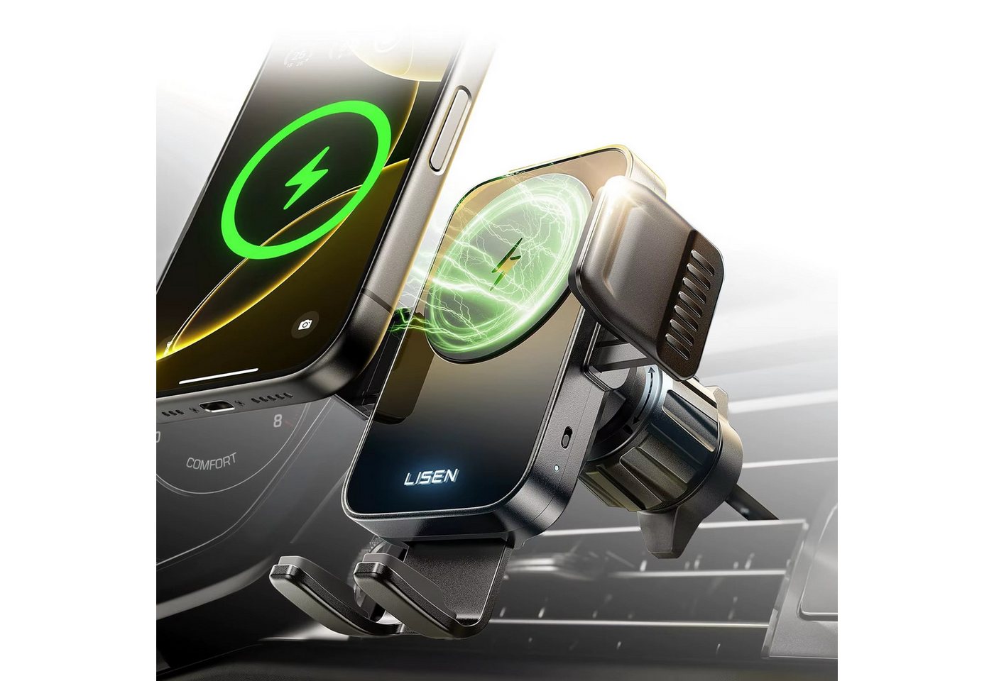 GreenHec 15W Wireless Charger Handyhalterung Auto Lüftung KFZ Ladegerät Qi Wireless Charger (15W Qi-Laden, Lüftungsklemme, 360° drehbar, Samsung, stoßdämpfend) Bild 4