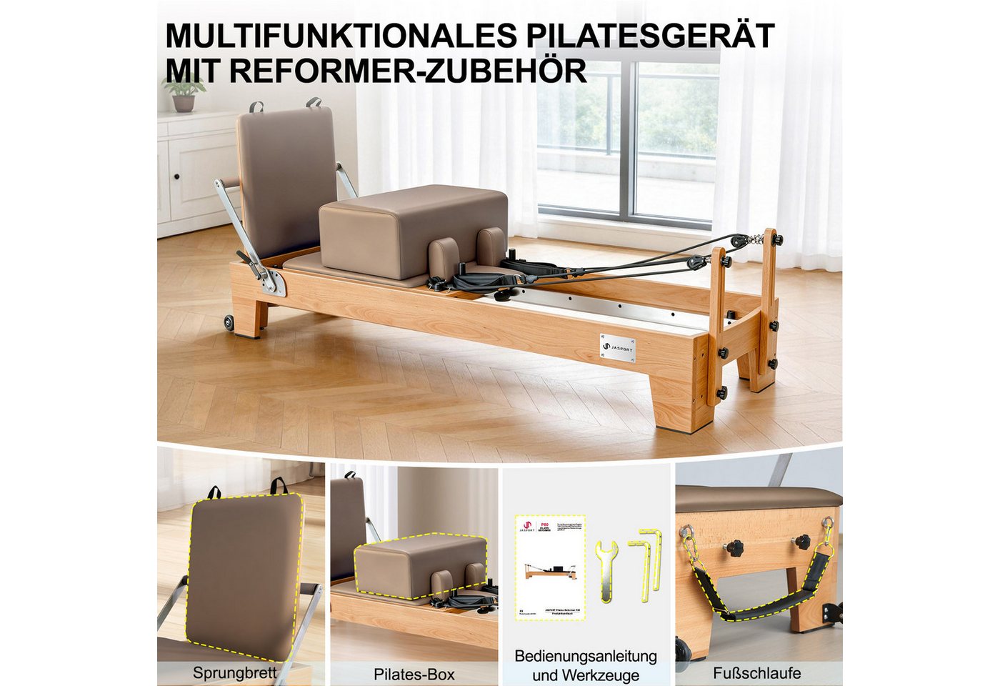 JASPORT Pilates-Reformer Hochwertige Holz-Reformer Serie für Pilates-Studios, (Komplettset mit 6 Federn, Sitzbox, Jumpboard und Fußschlaufen), Für Heimtraining und professionelle Studios geeignet