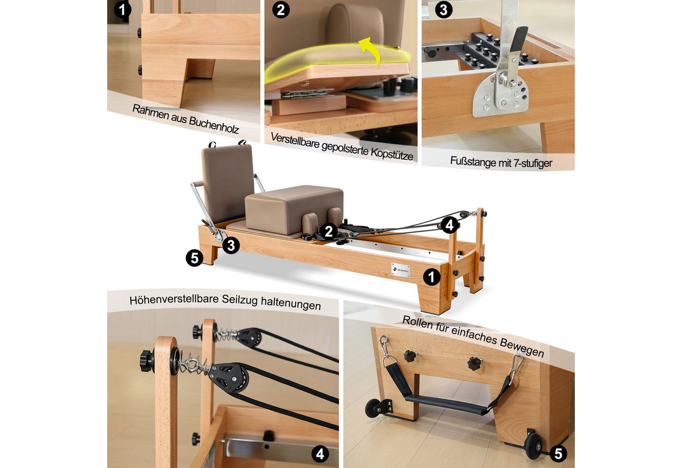 JASPORT Pilates-Reformer Hochwertige Holz-Reformer Serie für Pilates-Studios, (Komplettset mit 6 Federn, Sitzbox, Jumpboard und Fußschlaufen), Für Heimtraining und professionelle Studios geeignet Bild 2