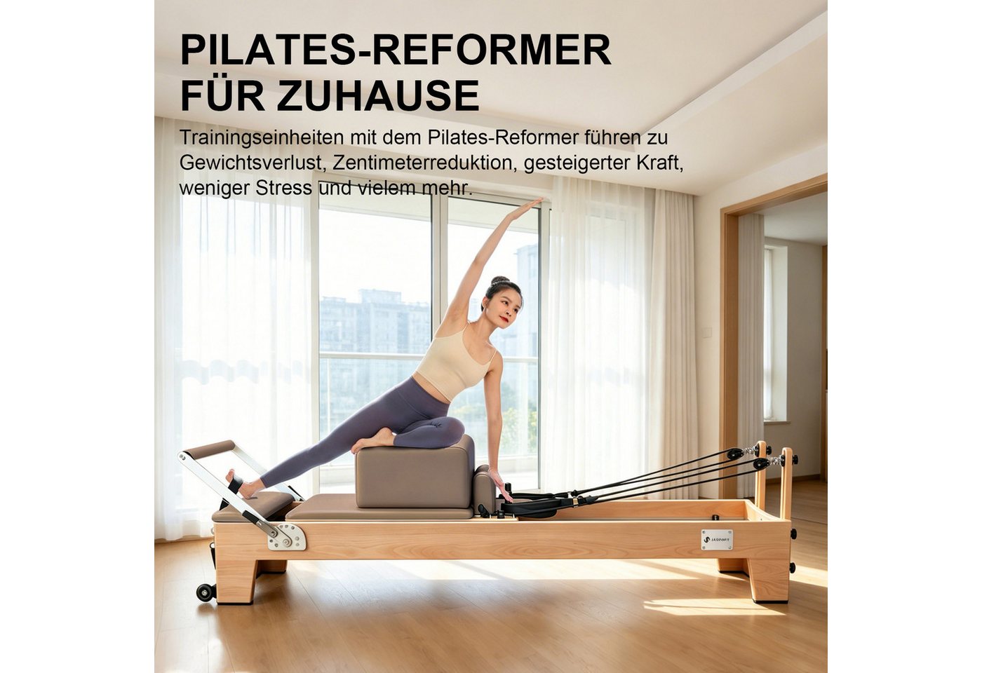 JASPORT Pilates-Reformer Hochwertige Holz-Reformer Serie für Pilates-Studios, (Komplettset mit 6 Federn, Sitzbox, Jumpboard und Fußschlaufen), Für Heimtraining und professionelle Studios geeignet Bild 3