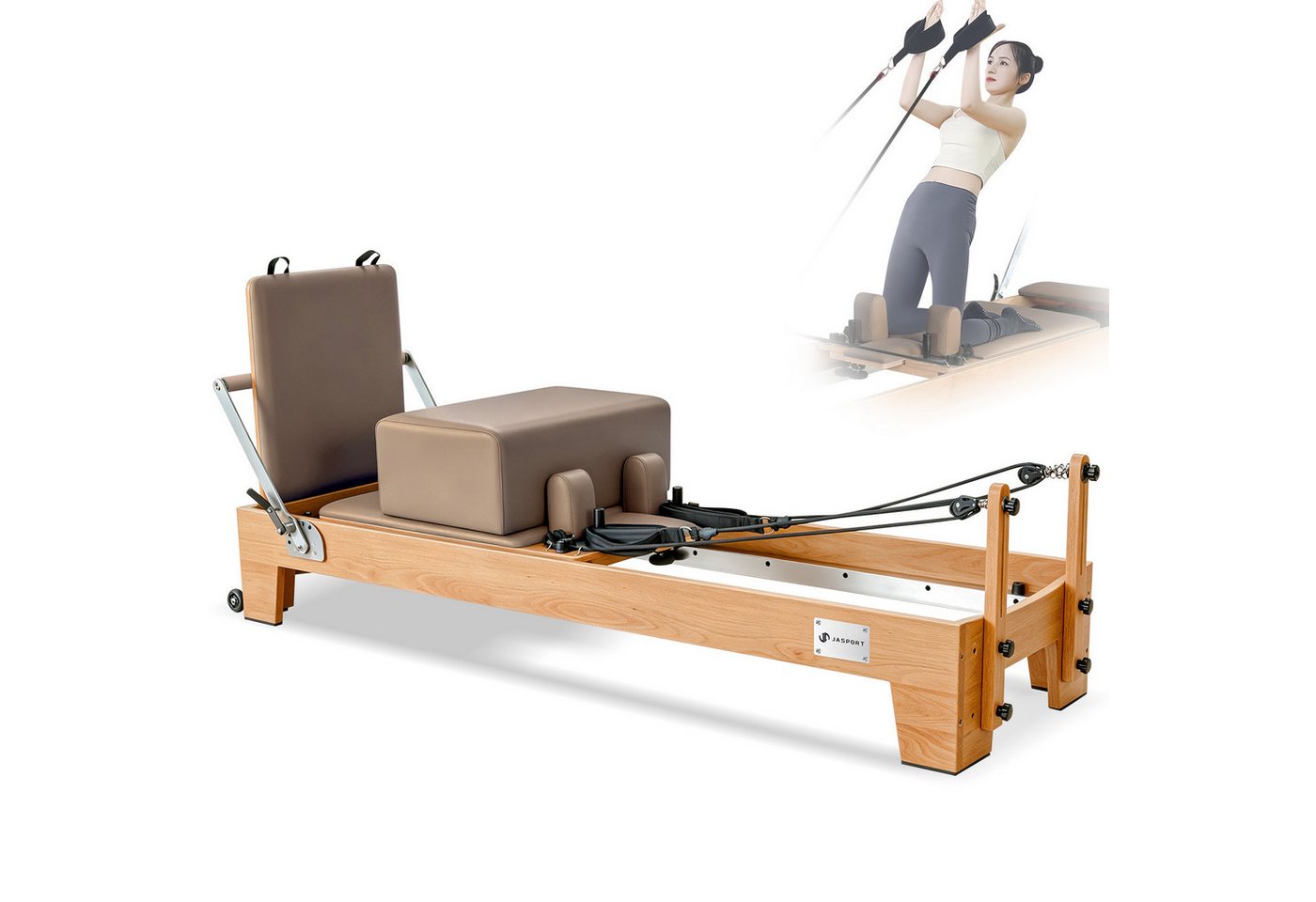 JASPORT Pilates-Reformer Hochwertige Holz-Reformer Serie für Pilates-Studios, (Komplettset mit 6 Federn, Sitzbox, Jumpboard und Fußschlaufen), Für Heimtraining und professionelle Studios geeignet Bild 4