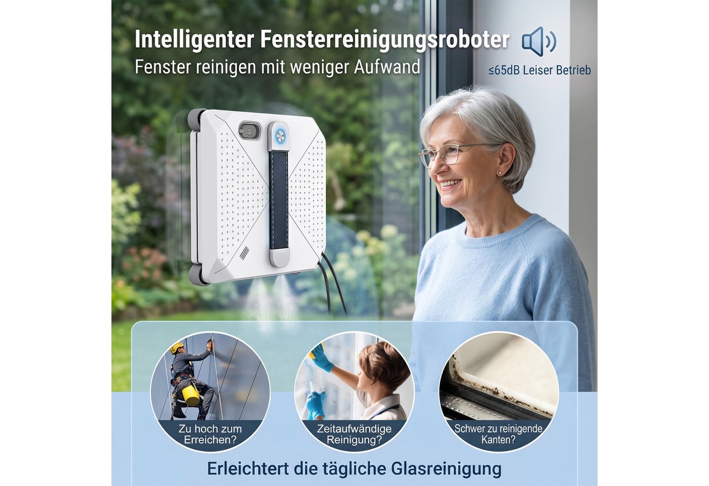 Rebonique Fensterputzroboter Automatischer Elektrischer Fensterputzer 7500Pa Sprühfunktion, (Fensterputzroboter mit 7500Pa Saugkraft & 4-Düsen Sprühsystem) Automatischer Fensterroboter mit 100ml Wassertank, Kantenerkennung