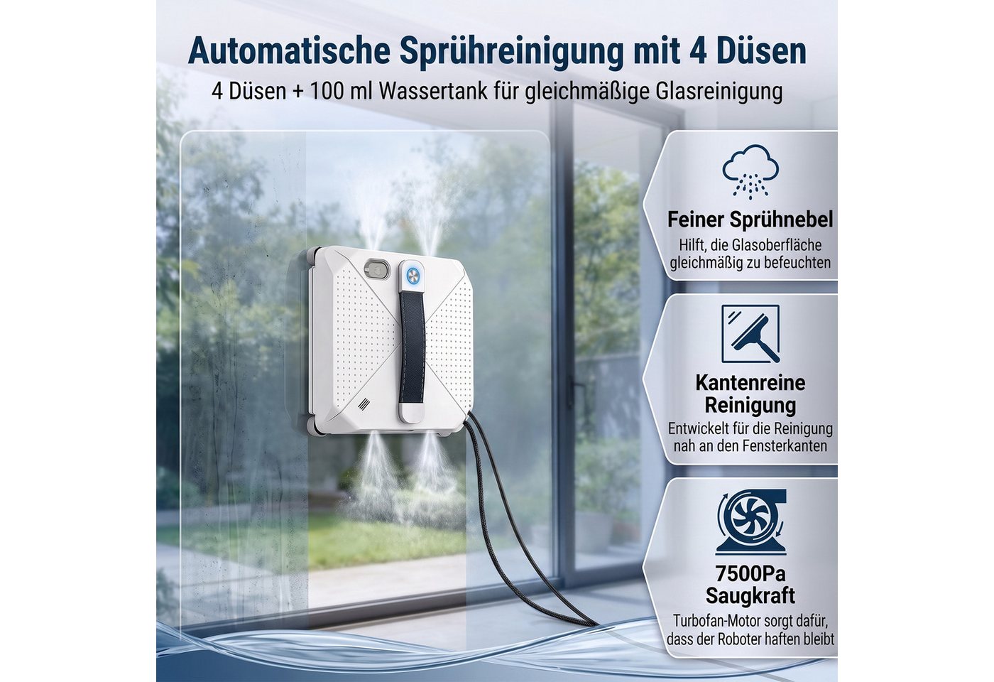 Rebonique Fensterputzroboter Automatischer Elektrischer Fensterputzer 7500Pa Sprühfunktion, (Fensterputzroboter mit 7500Pa Saugkraft & 4-Düsen Sprühsystem) Automatischer Fensterroboter mit 100ml Wassertank, Kantenerkennung Bild 2