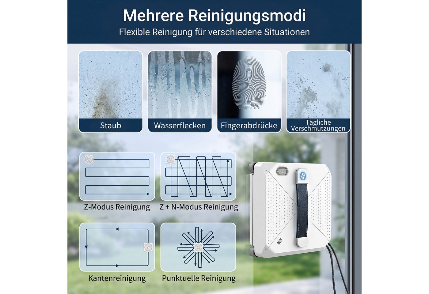 Rebonique Fensterputzroboter Automatischer Elektrischer Fensterputzer 7500Pa Sprühfunktion, (Fensterputzroboter mit 7500Pa Saugkraft & 4-Düsen Sprühsystem) Automatischer Fensterroboter mit 100ml Wassertank, Kantenerkennung Bild 3