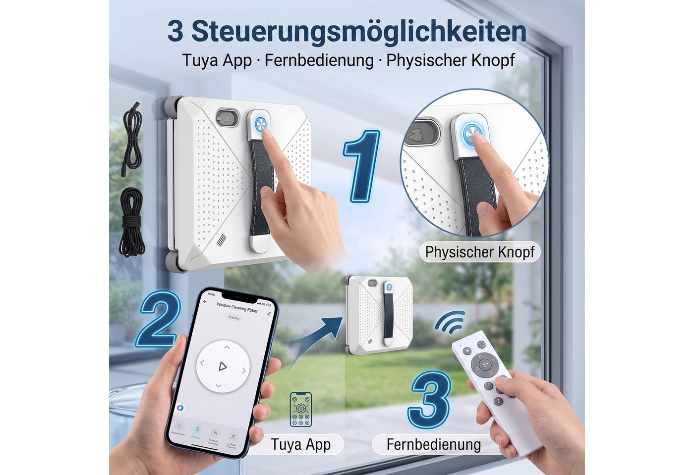 Rebonique Fensterputzroboter Automatischer Elektrischer Fensterputzer 7500Pa Sprühfunktion, (Fensterputzroboter mit 7500Pa Saugkraft & 4-Düsen Sprühsystem) Automatischer Fensterroboter mit 100ml Wassertank, Kantenerkennung Bild 5