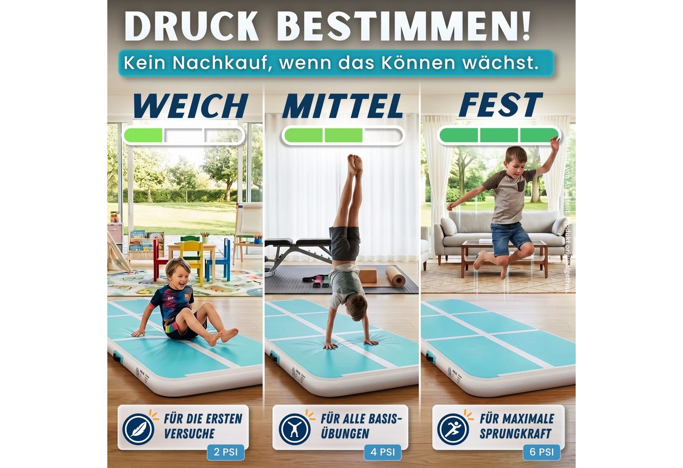 Heimfleiss® Turnmatte Airtrack aufblasbar 300x100x10 cm (Air Track Matte mit Elektropumpe, inkl. Tragetasche und Reparaturset), bis 150 kg belastbar