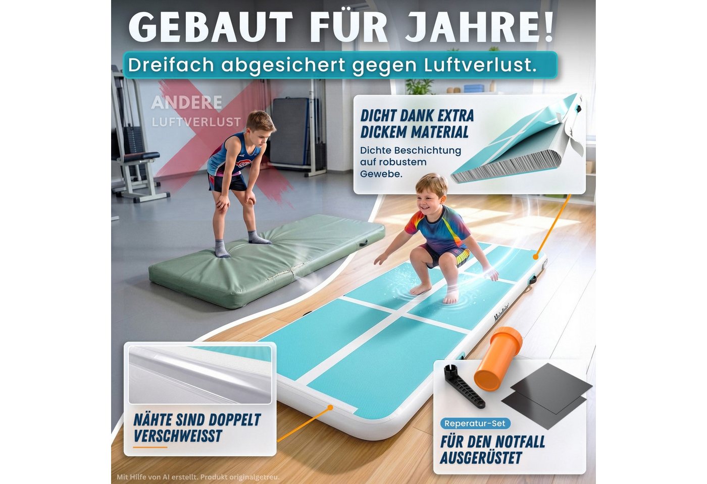Heimfleiss® Turnmatte Airtrack aufblasbar 300x100x10 cm (Air Track Matte mit Elektropumpe, inkl. Tragetasche und Reparaturset), bis 150 kg belastbar Bild 2