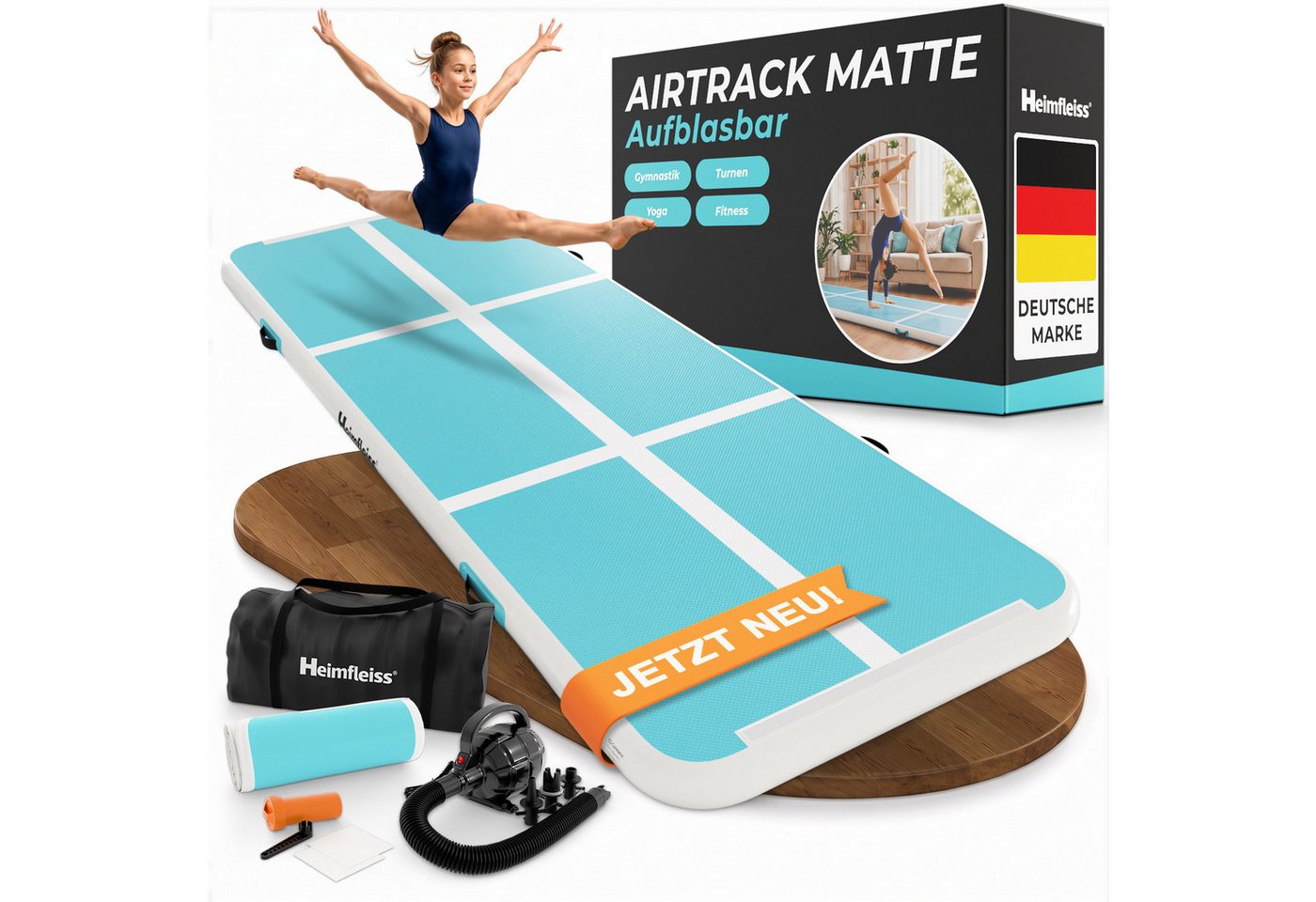 Heimfleiss® Turnmatte Airtrack aufblasbar 300x100x10 cm (Air Track Matte mit Elektropumpe, inkl. Tragetasche und Reparaturset), bis 150 kg belastbar Bild 3
