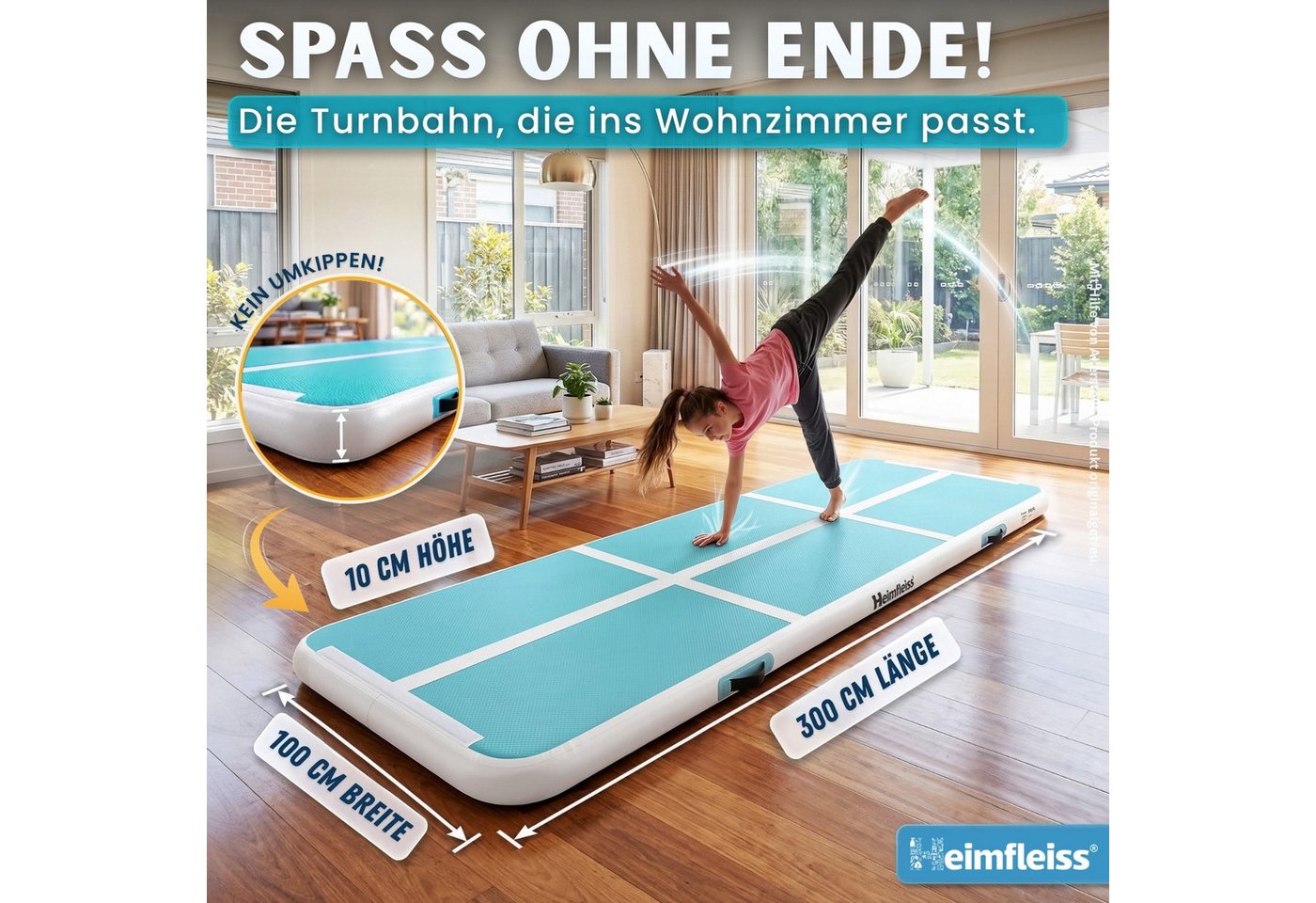 Heimfleiss® Turnmatte Airtrack aufblasbar 300x100x10 cm (Air Track Matte mit Elektropumpe, inkl. Tragetasche und Reparaturset), bis 150 kg belastbar Bild 4