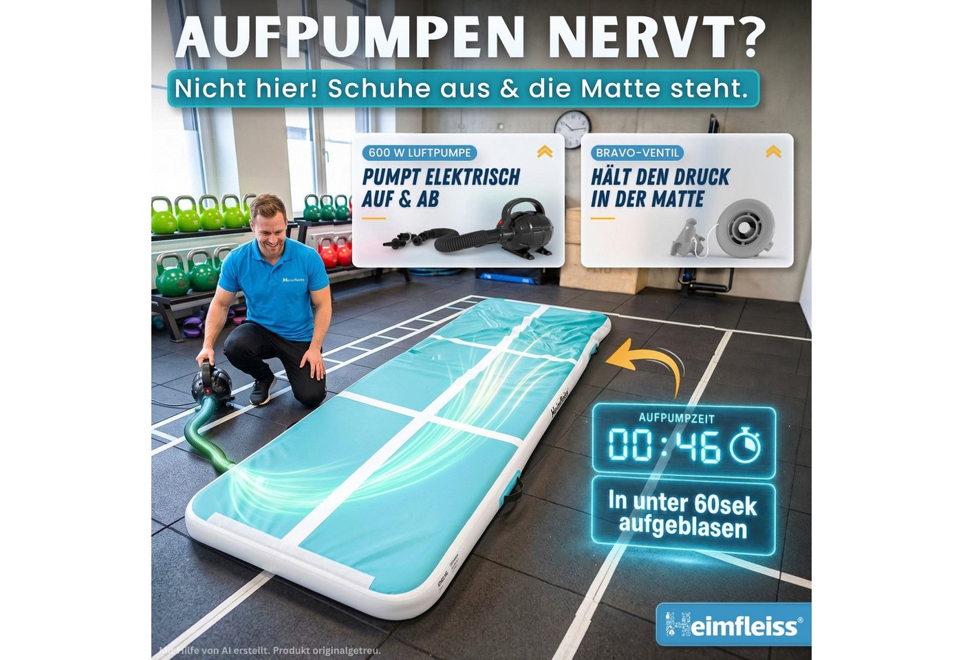Heimfleiss® Turnmatte Airtrack aufblasbar 300x100x10 cm (Air Track Matte mit Elektropumpe, inkl. Tragetasche und Reparaturset), bis 150 kg belastbar Bild 5