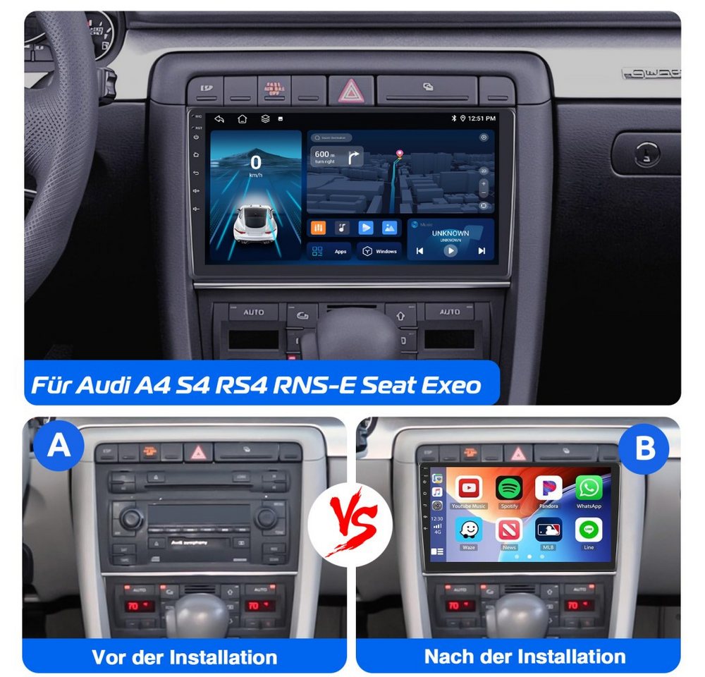 ESSGOO Für Audi A4 00-08 S4 8E 8H B6 B7 6+128GB 8-Kern 4G LTE Autoradio (RDS, Digitalradio (DAB), FM, AM, Carplay Android Auto GPS Navi WIFI BT 4G LTE)