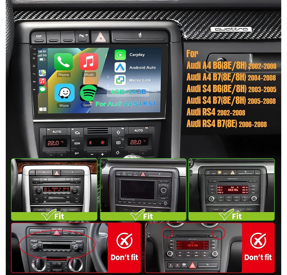 ESSGOO Für Audi A4 00-08 S4 8E 8H B6 B7 6+128GB 8-Kern 4G LTE Autoradio (RDS, Digitalradio (DAB), FM, AM, Carplay Android Auto GPS Navi WIFI BT 4G LTE) Bild 2