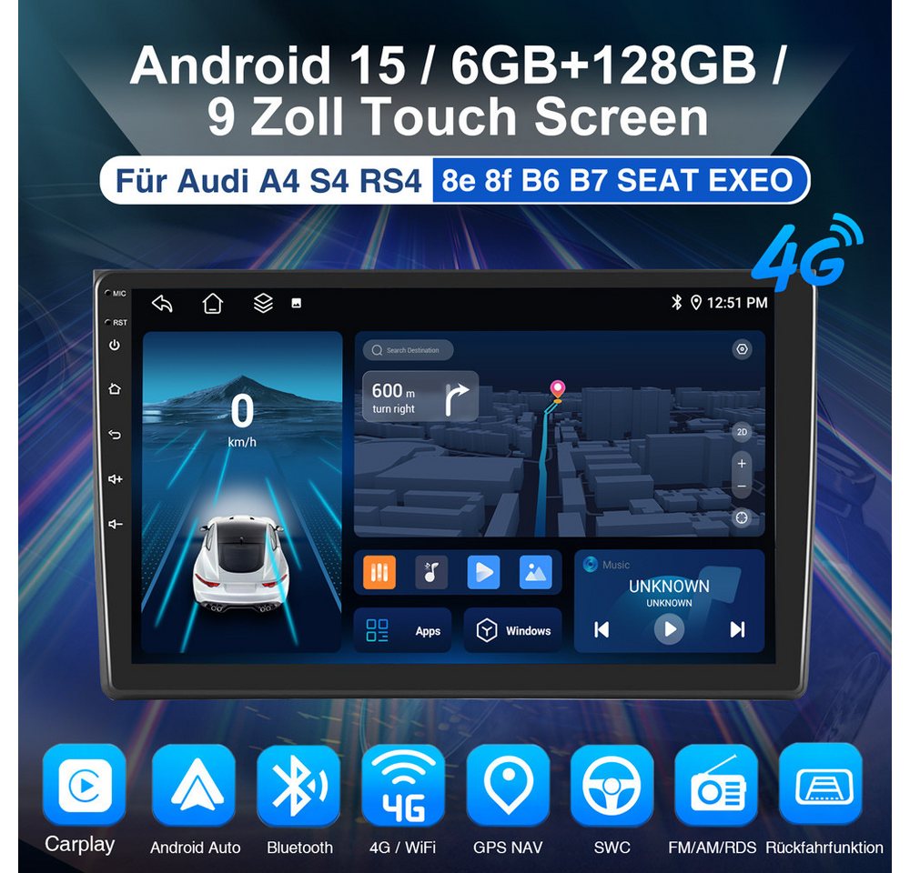 ESSGOO Für Audi A4 00-08 S4 8E 8H B6 B7 6+128GB 8-Kern 4G LTE Autoradio (RDS, Digitalradio (DAB), FM, AM, Carplay Android Auto GPS Navi WIFI BT 4G LTE) Bild 4