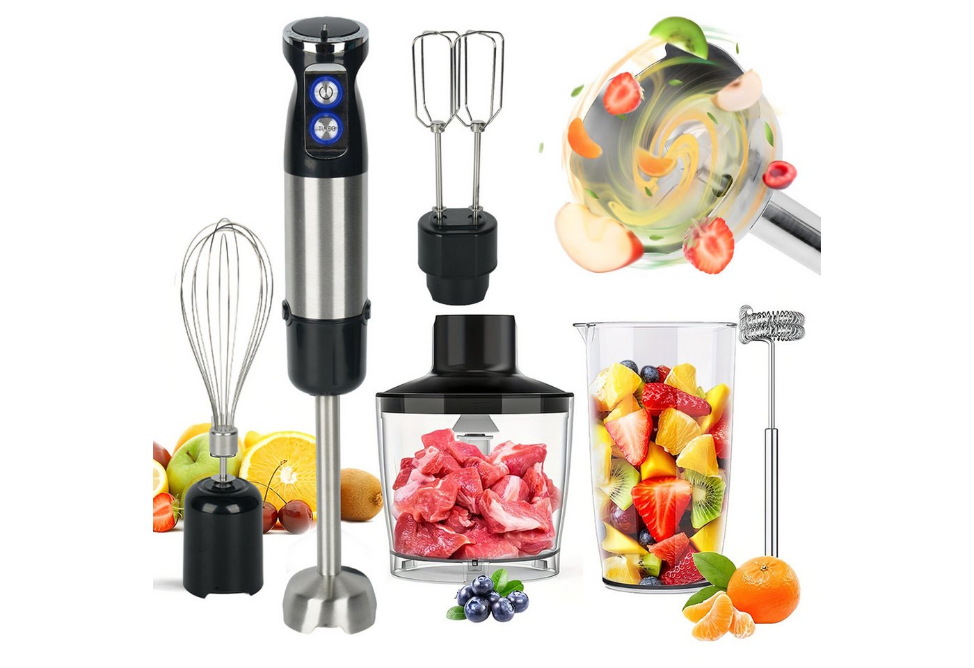 AKKEE Stabmixer Elektrischer Stabmixer Set 6 in 1 Pürierstab Edelstahl Handmixer, 800 W, Spritzwasserschutzfunktion