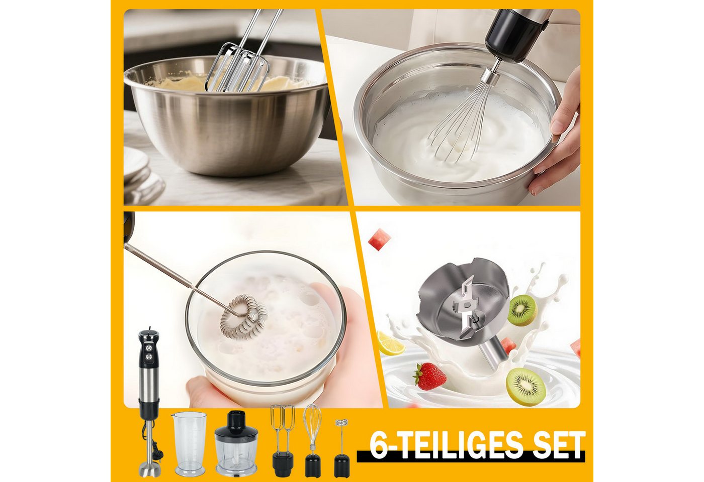 AKKEE Stabmixer Elektrischer Stabmixer Set 6 in 1 Pürierstab Edelstahl Handmixer, 800 W, Spritzwasserschutzfunktion Bild 2