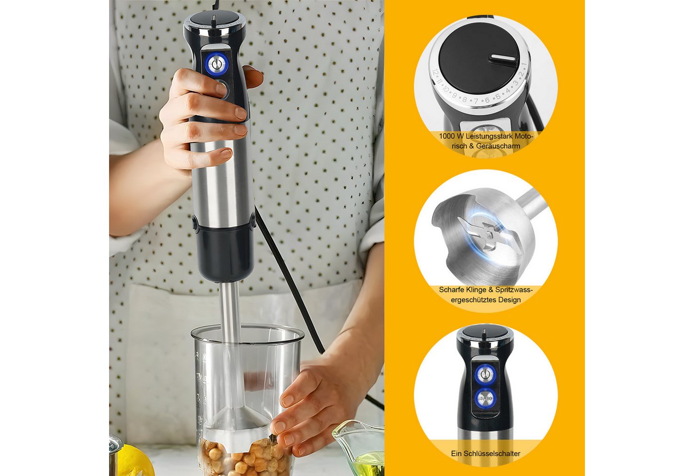 AKKEE Stabmixer Elektrischer Stabmixer Set 6 in 1 Pürierstab Edelstahl Handmixer, 800 W, Spritzwasserschutzfunktion Bild 4