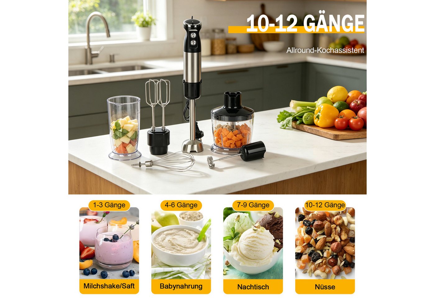 AKKEE Stabmixer Elektrischer Stabmixer Set 6 in 1 Pürierstab Edelstahl Handmixer, 800 W, Spritzwasserschutzfunktion Bild 5
