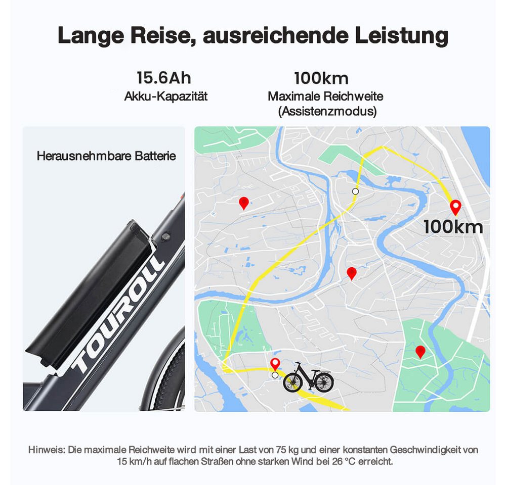 Touroll E-Bike J1 ST Trekkingrad mit 250-W-Motor, 27,5-Zoll-Rädern, 561,6 Wh Akku, 561,6 Wh, 100 km Reichweite, mechanische Scheibenbremse Bild 2