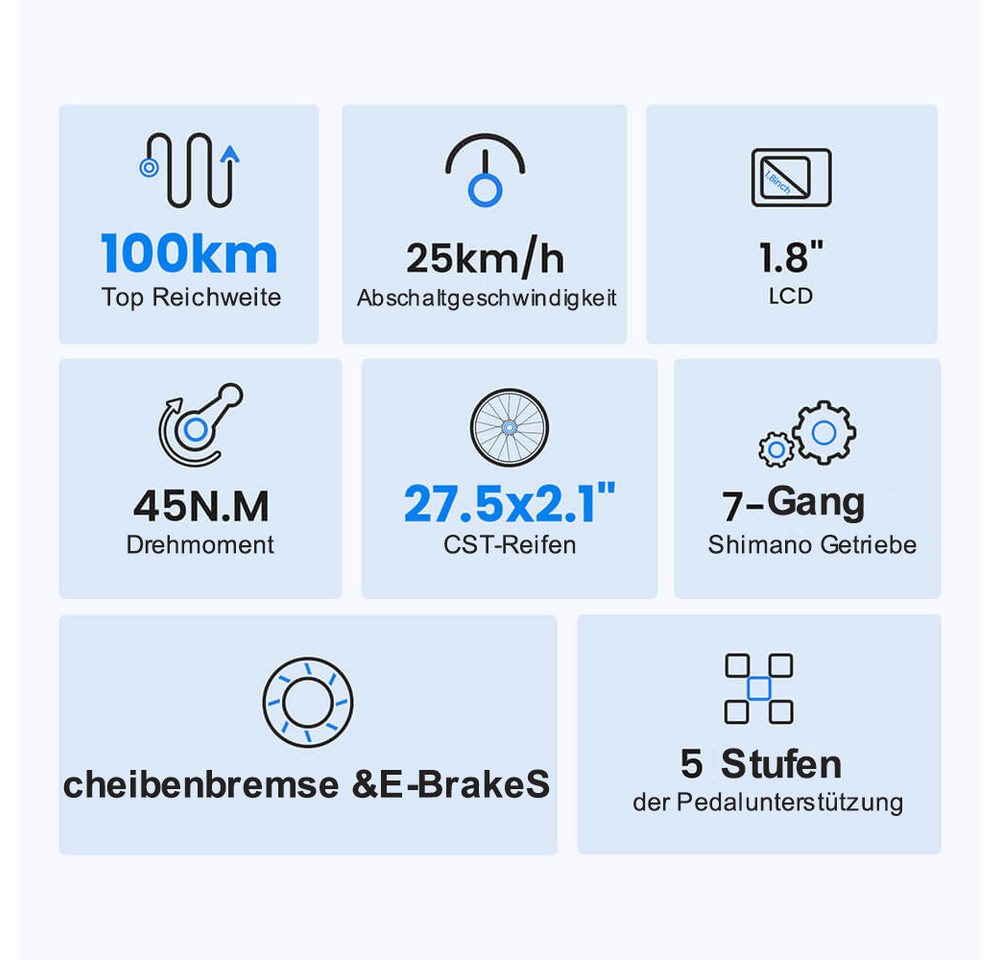 Touroll E-Bike J1 ST Trekkingrad mit 250-W-Motor, 27,5-Zoll-Rädern, 561,6 Wh Akku, 561,6 Wh, 100 km Reichweite, mechanische Scheibenbremse Bild 4