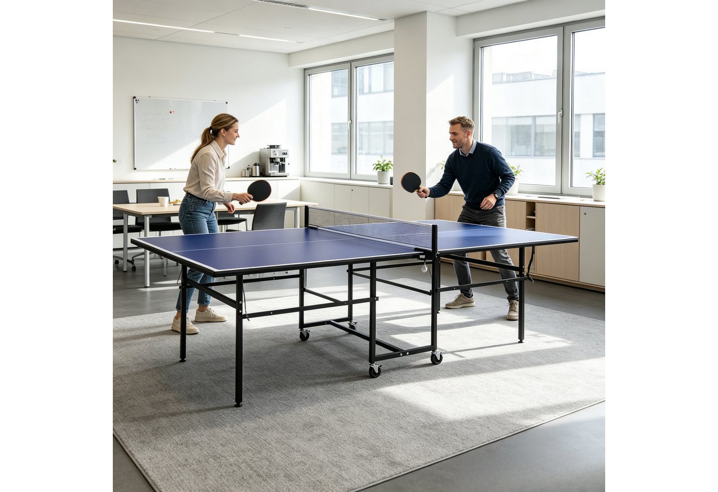 HOMECALL Tischtennisplatte Tischtennisplatte klappbar Tischtennisspiel-Set,mit Rollen und Bremsen (multifunktionale Tischtennisplatte für Indoor & Outdoor, inkl. Netz, 2 Schläger und 3 Bälle, Stahl, Blau), Klappbar mit Rollen , multifunktionale Tischtennisplatte Bild 4