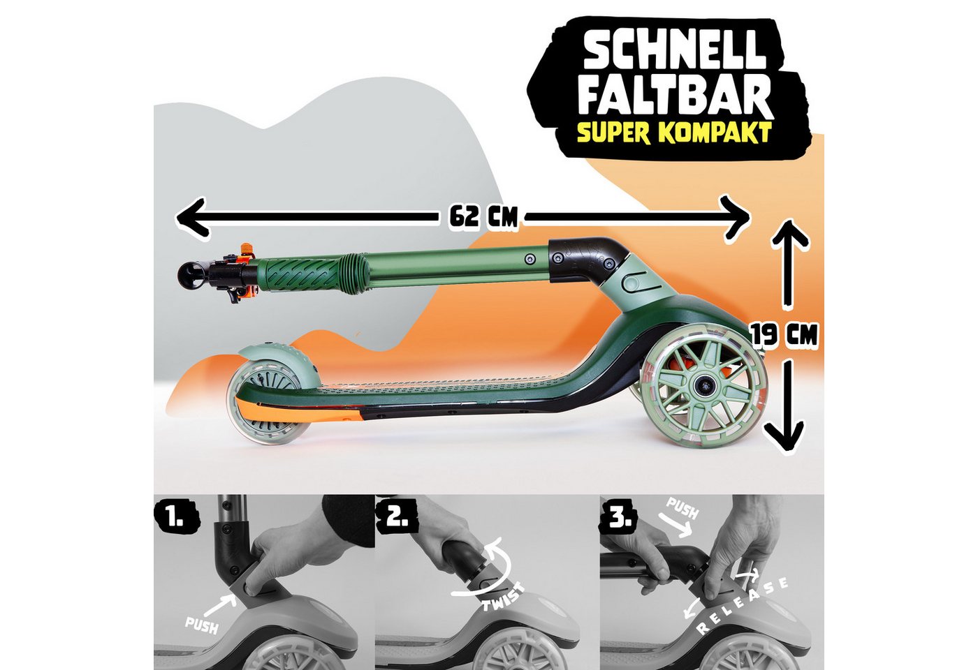 Apollo Dreiradscooter Whizzie LED, Kinderroller, klappbarer Dreirad Scooter, höhenverstellbar, ab 3 Jahre