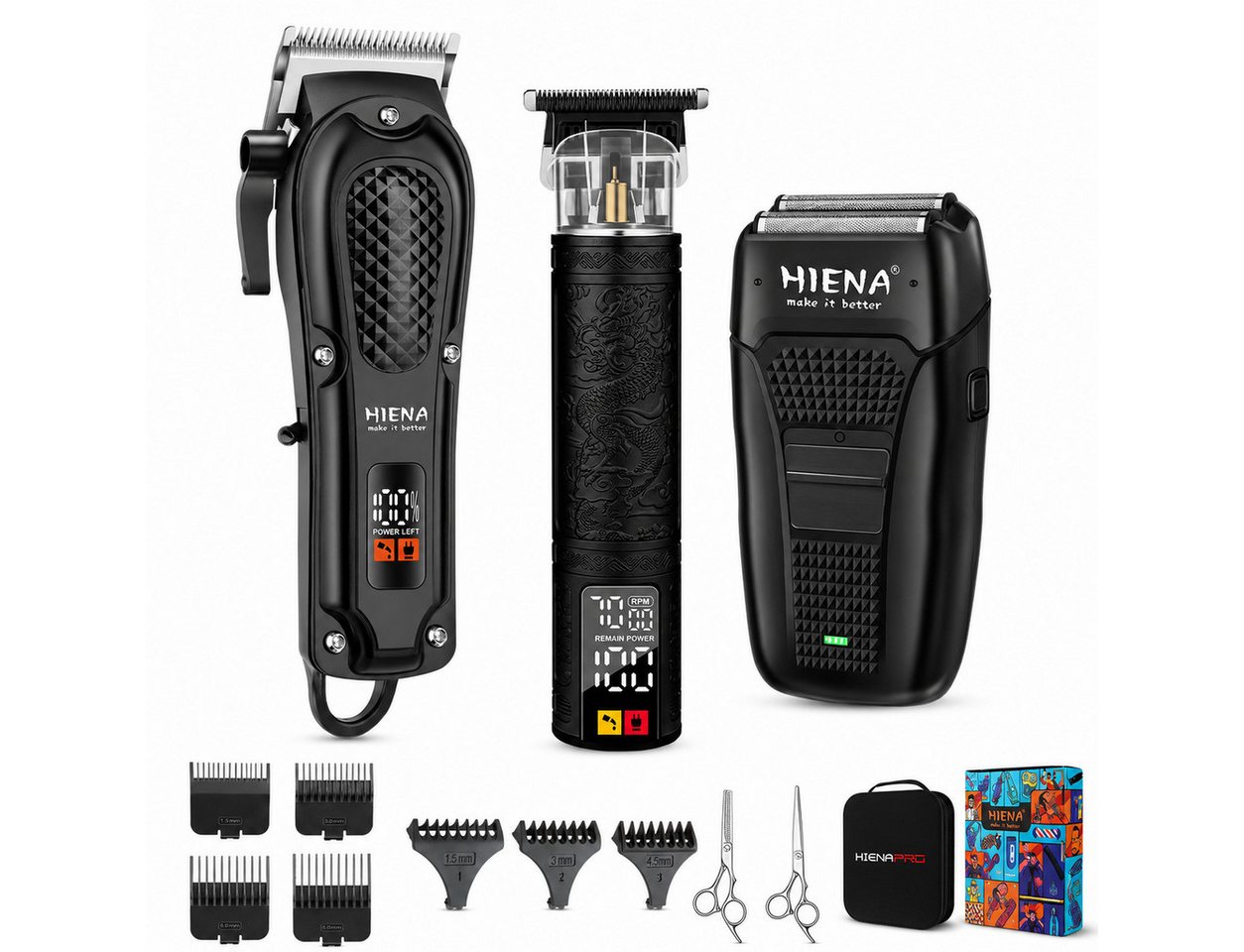 Fyrove Haarschneider Herren, Barber Set, Präzisionstrimmer, Elektrorasierer, Pflegeset für Bart, Körper und Konturen, mit Tasche für Heim & Salon, 3 Geräte, 8 Aufsteckkämme, Digitalanzeigen, EVA-Tasche, USB-Laden