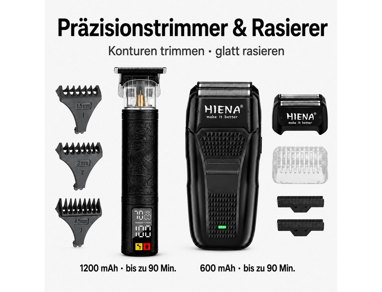 Fyrove Haarschneider Herren, Barber Set, Präzisionstrimmer, Elektrorasierer, Pflegeset für Bart, Körper und Konturen, mit Tasche für Heim & Salon, 3 Geräte, 8 Aufsteckkämme, Digitalanzeigen, EVA-Tasche, USB-Laden Bild 4