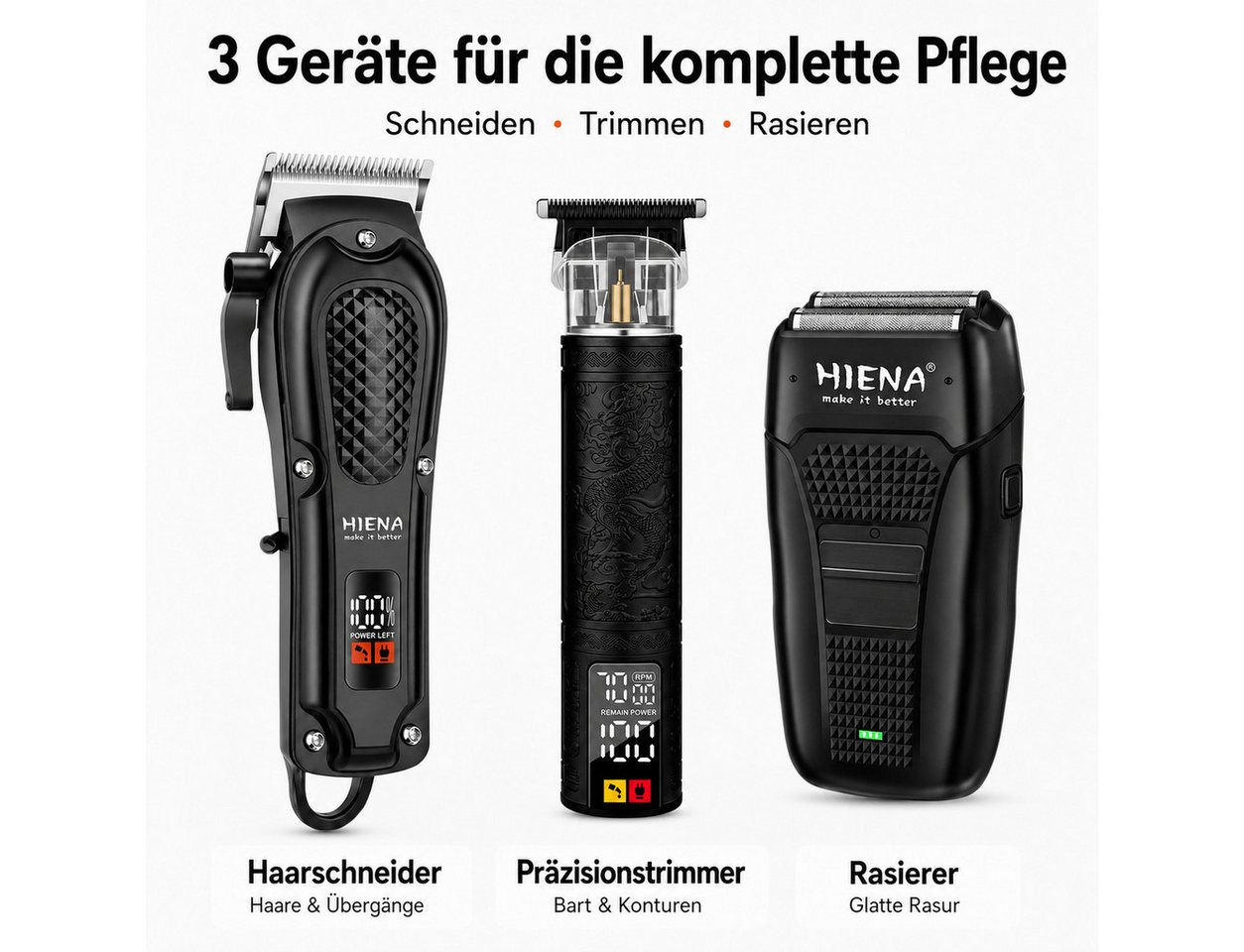 Fyrove Haarschneider Herren, Barber Set, Präzisionstrimmer, Elektrorasierer, Pflegeset für Bart, Körper und Konturen, mit Tasche für Heim & Salon, 3 Geräte, 8 Aufsteckkämme, Digitalanzeigen, EVA-Tasche, USB-Laden Bild 5