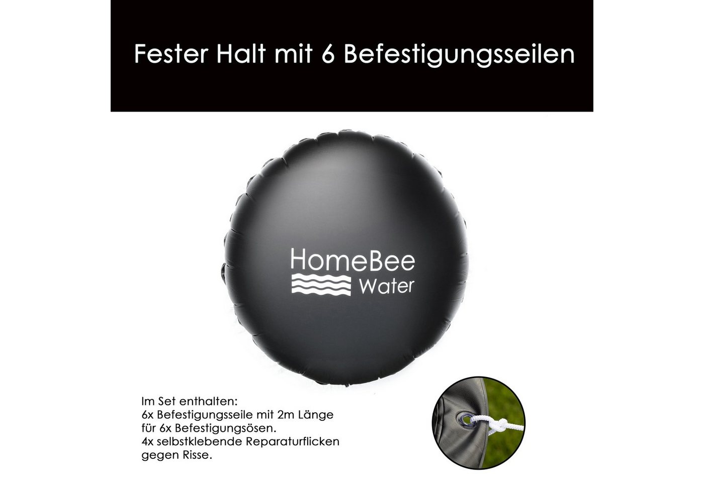 HomeBee Pool-Abdeckplane Poolkissen Winter XXL (3 Meter Durchmesser) (Komplettset inkl. Zubehör, 1-St., inkl. 6 Befestigungskordeln und Reparaturflicken), Langlebiges und starkes PVC Material Bild 3