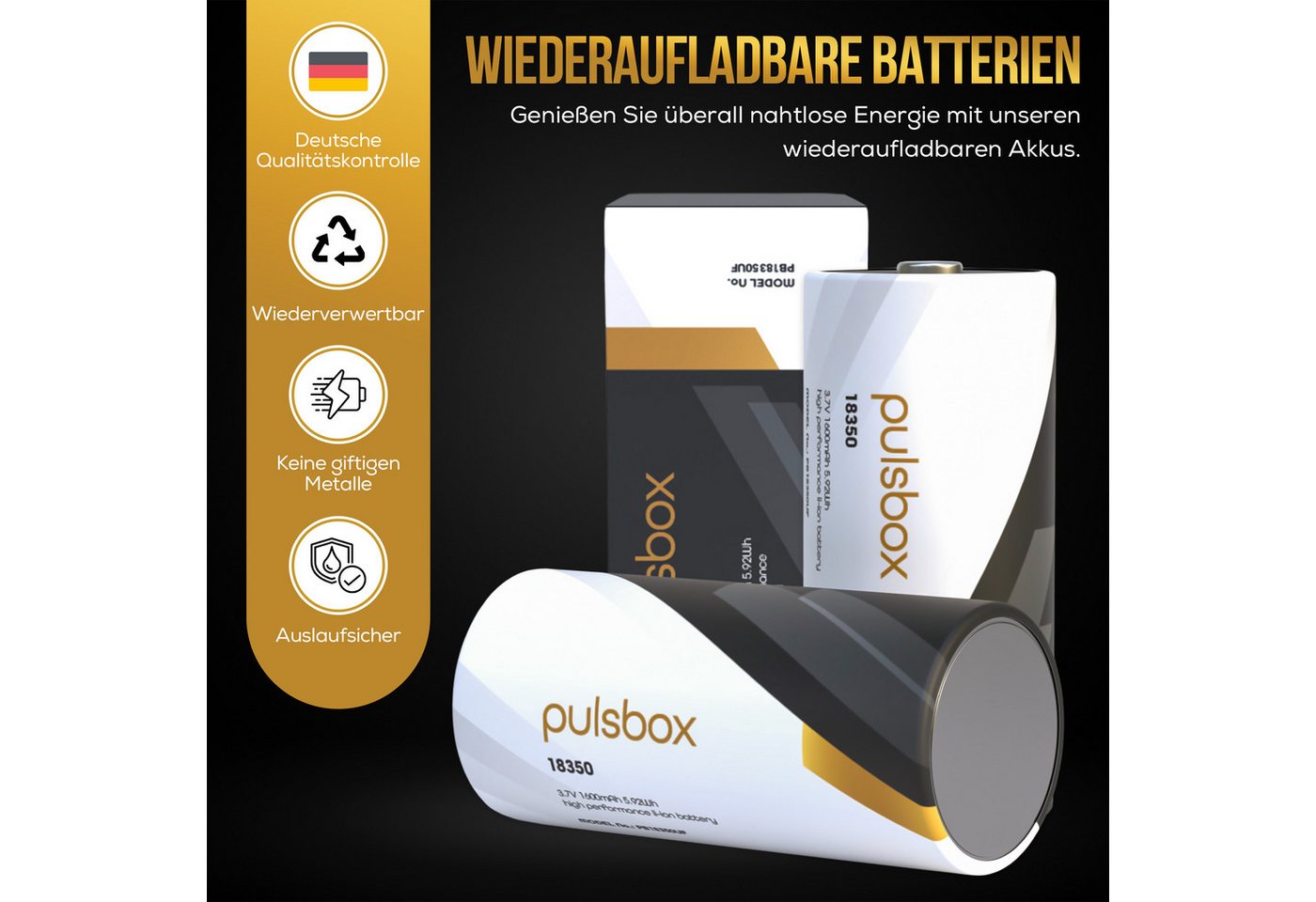 pulsbox 18350 Akku Li-Ion 1600mAh 8A - Flat Top/Button Top Batterie 2 x Akku Bild 4