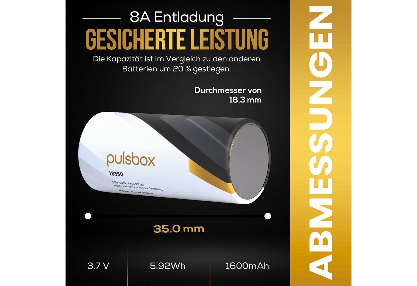 pulsbox 18350 Akku Li-Ion 1600mAh 8A - Flat Top/Button Top Batterie 2 x Akku Bild 5