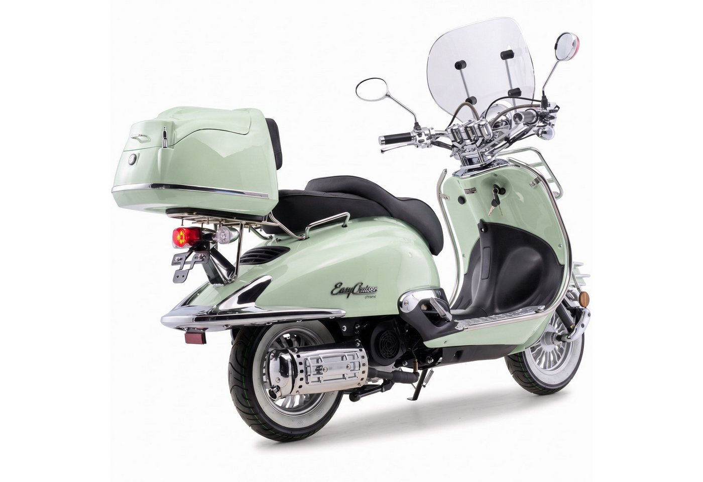 Burnout Motorroller EasyCruiser Mint, 50 ccm, 45 km/h, Euro 5, LED Beleuchtung, Digitales Tacho, Retro, mit Windschild & Topcase, USB