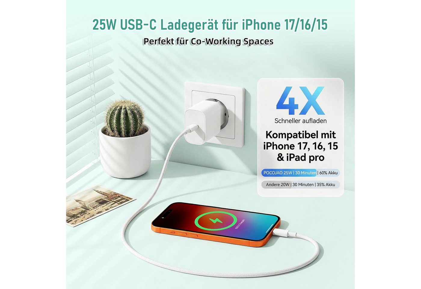 LaCute 25W USB-C Ladegerät mit 1m Kabel für iPad iPhone Schnellladegerät Schnelllade-Gerät (USB-C Ladegerät mit 1 m Ladekabel, 25W USB-C Netzteil inklusive 1 m Ladekabel, 25 W, USB-C, Power Delivery, 1 m Kabel)