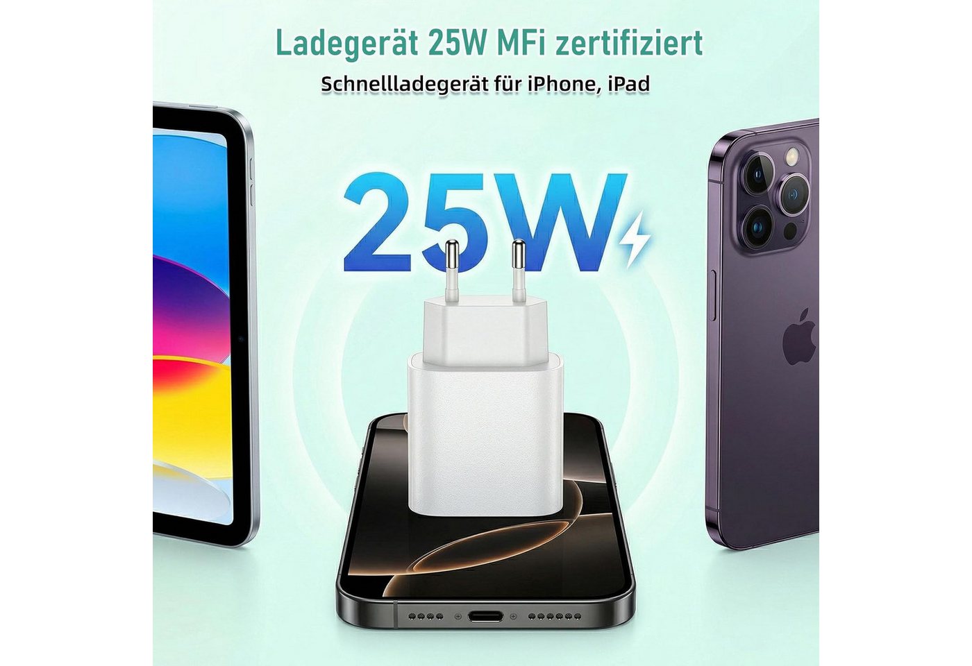 LaCute 25W USB-C Ladegerät mit 1m Kabel für iPad iPhone Schnellladegerät Schnelllade-Gerät (USB-C Ladegerät mit 1 m Ladekabel, 25W USB-C Netzteil inklusive 1 m Ladekabel, 25 W, USB-C, Power Delivery, 1 m Kabel) Bild 2