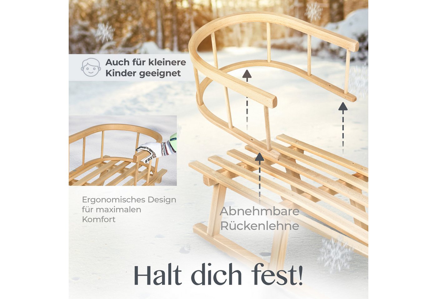 BambiniWelt by Rafael K. Davoser Schlitten CE-Holzschlitten mit Rückenlehne Rodel Kinder Schlitten 90cm