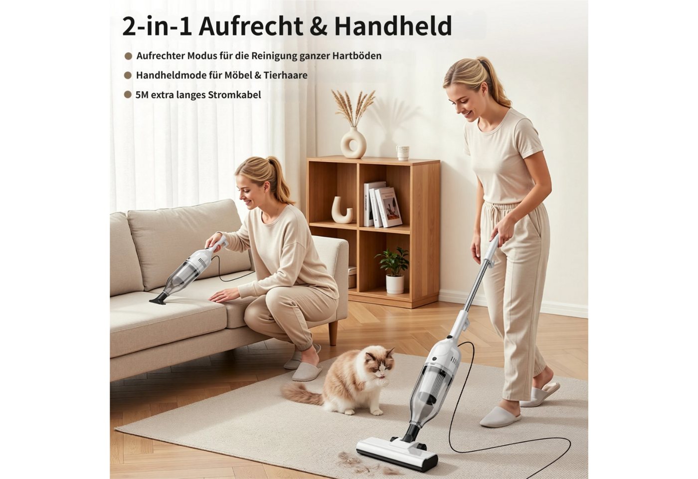 INSE Bodenstaubsauger Kabelgebundener Stabstaubsauger,5 Meter Stromkabel,2 in 1 model, 600 W, beutellos, Leichtgewicht,kabelgebunden,600W Hochleistungsmotor Bild 3