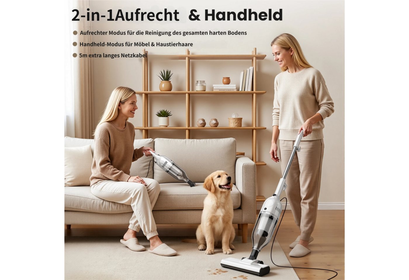 INSE Bodenstaubsauger Kabelgebundener Stabstaubsauger,5 Meter Stromkabel,2 in 1 model, 600 W, beutellos, Leichtgewicht,kabelgebunden,600W Hochleistungsmotor Bild 4