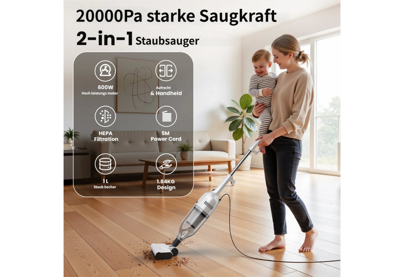 INSE Bodenstaubsauger Kabelgebundener Stabstaubsauger,5 Meter Stromkabel,2 in 1 model, 600 W, beutellos, Leichtgewicht,kabelgebunden,600W Hochleistungsmotor Bild 5