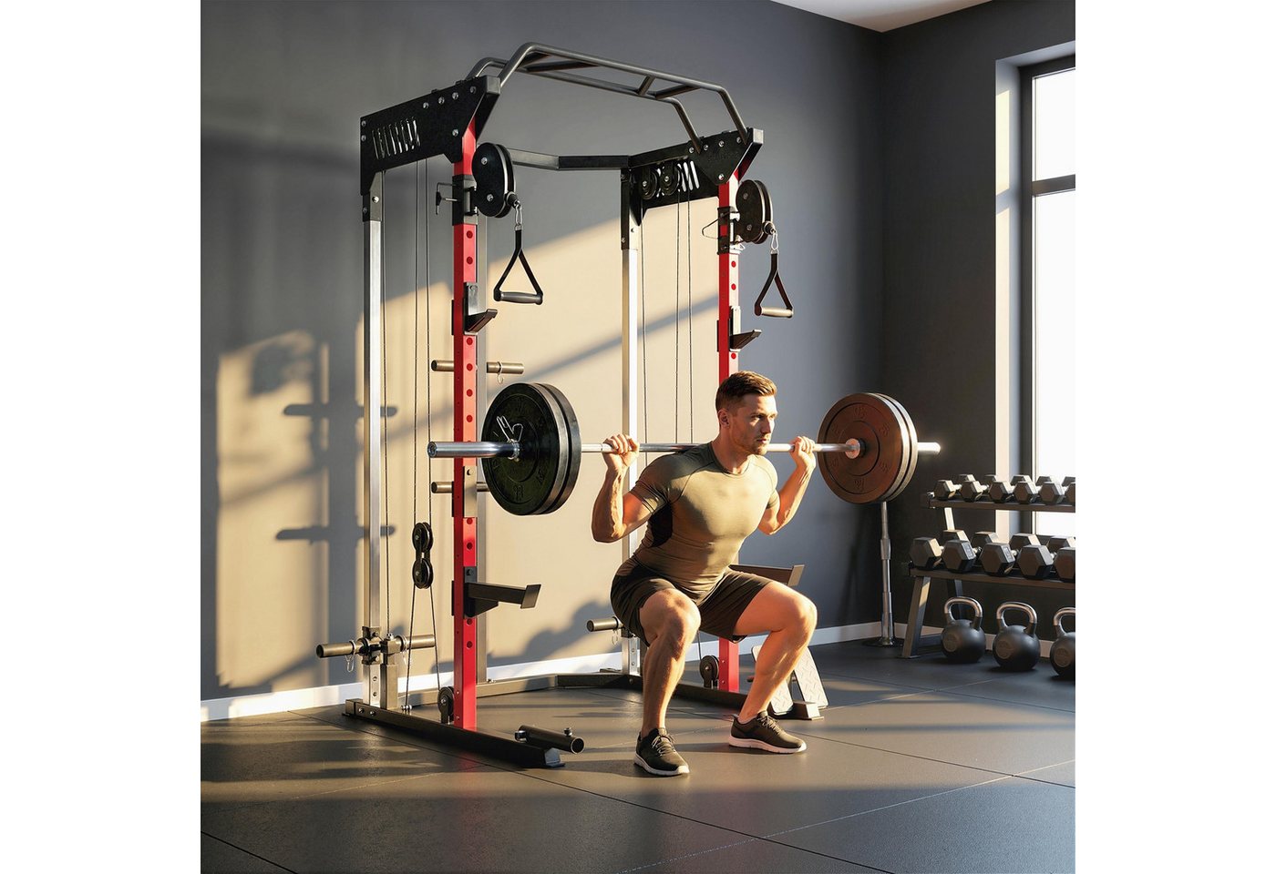 SPORTNOW Kraftstation mit Klimmzugstange und Dip-Station, 0 Gewichtsblöcke (Set, 1-tlg., Power Cage mit Smith & Kabelzug), Power Rack + Kabelzug